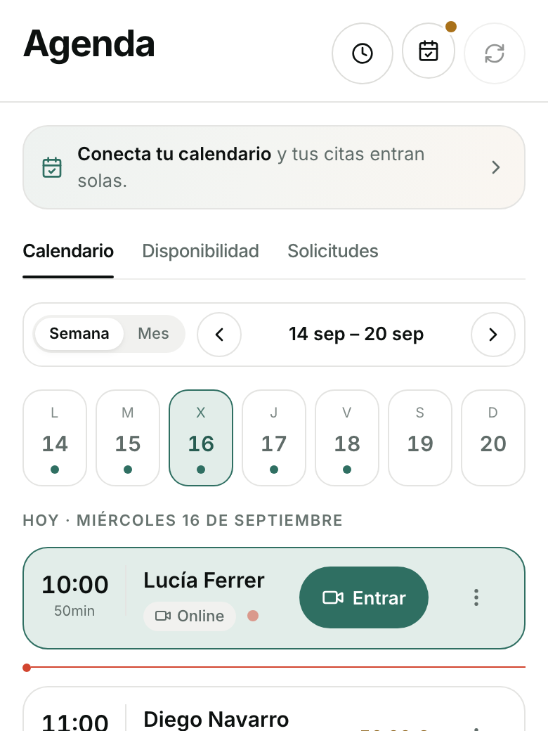 La agenda de la semana en el móvil, con las sesiones del día